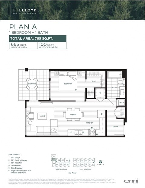 Floor plan for 1 bed, 1 bath, 664 sqft
